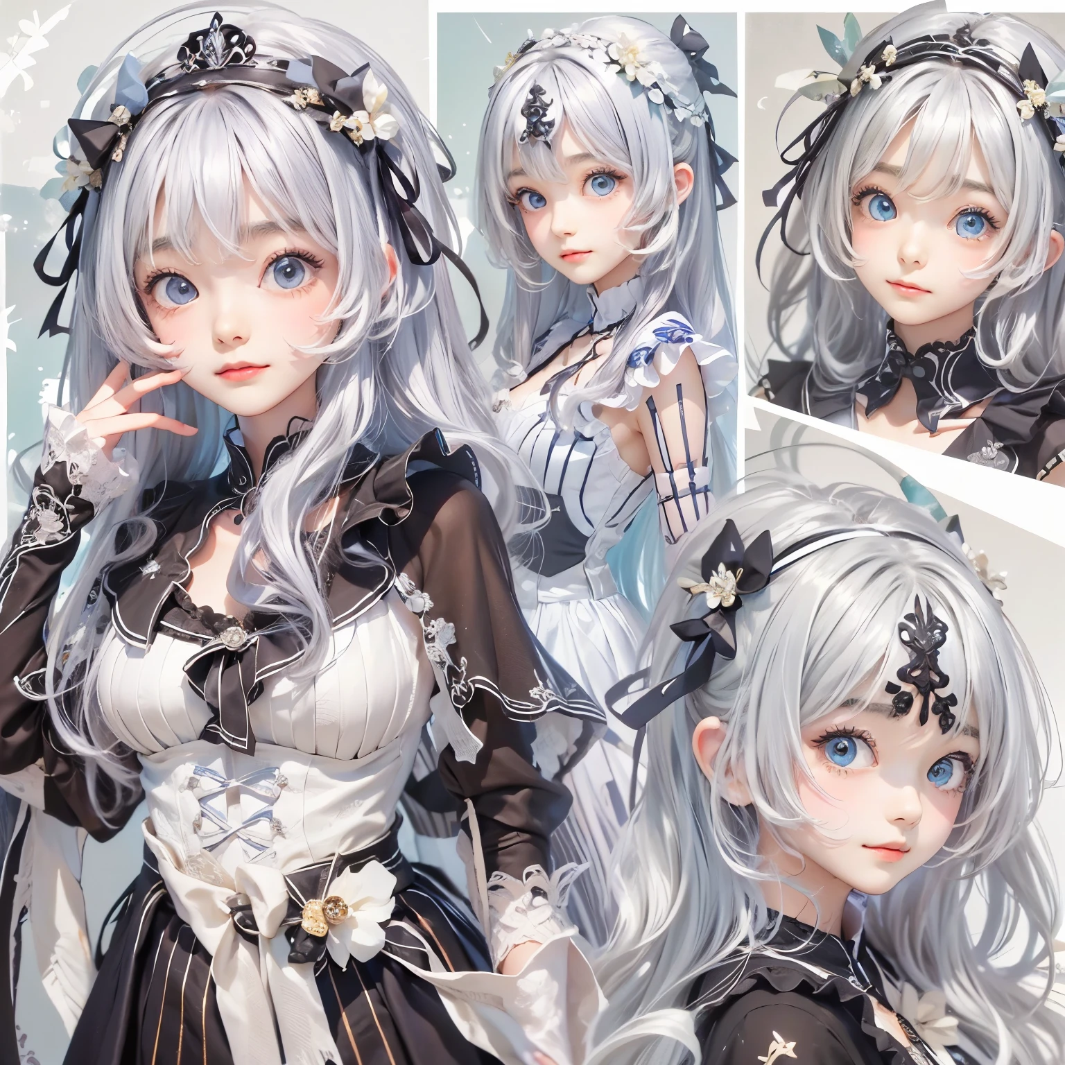 detailed face, cute face, ((masterpiece)), (Highest quality))), (Character design sheet, National costume, same characters, front, ~ side, return), figure, 1 girl, whole body, Silver Hair, eyes hair, Beautiful Eyes, Princess Cut, Environmental change scene, Short skirt, Shyness, woman, girl, Are standing, Gothic Lolita, VTuber, Chartern Betarola, (simple returnground, white returnground: 1.3) ( masterpiece:1.2), (Highest quality:1.3)