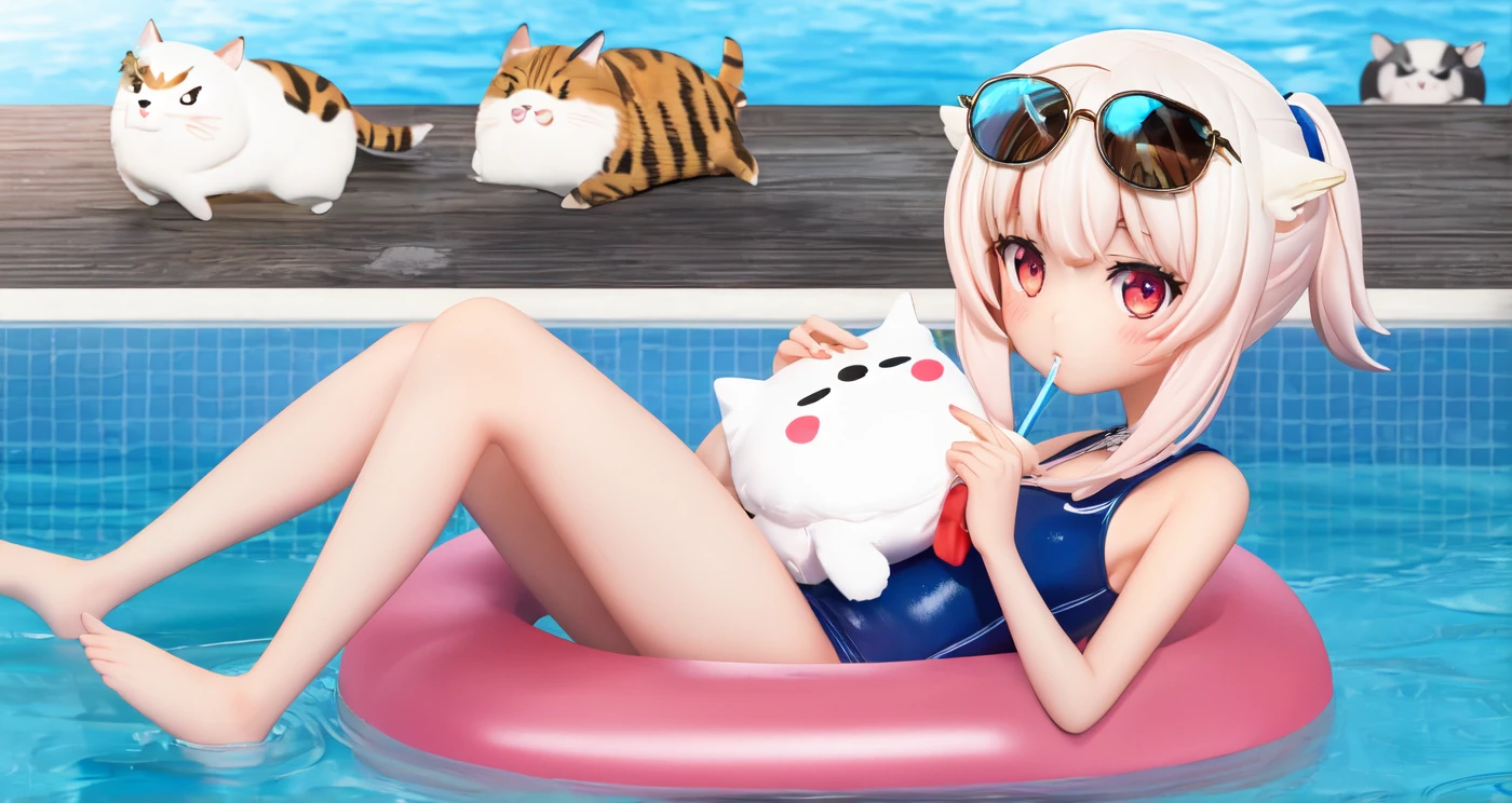 masterpiece (((chibi 3d))) Detailed open-air bath in a secluded area Bikini with detailed hibiscus print steam steams playing in the water