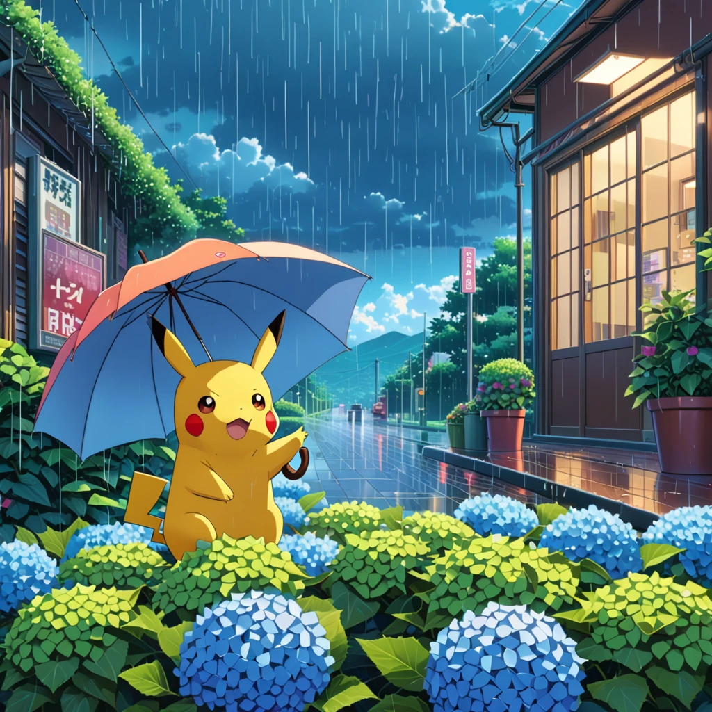 ((anime:1.4,illustration)),(masterpiece, top quality, best quality),(ultra-detailed, absolutely resolution),((16k, high res)), (((A sphere made of hydrangeas, Pikachu standing on it, Pikachu holding an umbrella, rain, light blue background)) ((cozy lofi illustration:1.4)), ((anime:1.4, illustration)),(masterpiece, top quality, best quality),(ultra-detailed, absolutely resolution),((16k, high res)) BREAK {lofi art, style of Laurie Greasley, style of Makoto Shinkai, anime aesthetic}, BREAK { (produces images with information than 40 million pixels with cinematic-like detailed textures shot on a Sony SLR).}