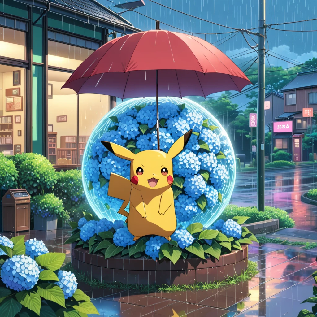 ((anime:1.4,illustration)),(masterpiece, top quality, best quality),(ultra-detailed, absolutely resolution),((16k, high res)), (((A sphere made of hydrangeas, Pikachu standing on it, Pikachu holding an umbrella, rain, light blue background)) ((cozy lofi illustration:1.4)), ((anime:1.4, illustration)),(masterpiece, top quality, best quality),(ultra-detailed, absolutely resolution),((16k, high res)) BREAK {lofi art, style of Laurie Greasley, style of Makoto Shinkai, anime aesthetic}, BREAK { (produces images with information than 40 million pixels with cinematic-like detailed textures shot on a Sony SLR).}