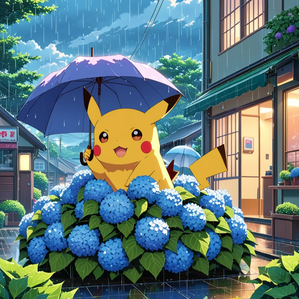 ((anime:1.4,illustration)),(masterpiece, top quality, best quality),(ultra-detailed, absolutely resolution),((16k, high res)), (((A sphere made of hydrangeas, Pikachu standing on it, Pikachu holding an umbrella, rain, light blue background)) ((cozy lofi illustration:1.4)), ((anime:1.4, illustration)),(masterpiece, top quality, best quality),(ultra-detailed, absolutely resolution),((16k, high res)) BREAK {lofi art, style of Laurie Greasley, style of Makoto Shinkai, anime aesthetic}, BREAK { (produces images with information than 40 million pixels with cinematic-like detailed textures shot on a Sony SLR).}