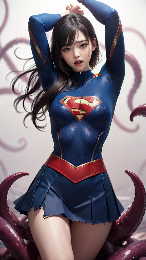 (8k、Highest quality、masterpiece:1.2)、(Realism、Photorealistic:1.37)、Ultra high definition、(Highest quality)、(masterpiece)、Supergirl trapped by tentacles、(Perfect fit body、Perfect fit、Perfect Thighs)、(((Wearing the Supergirl suit、skirt、Damaged、Torn、Thighs in Torn clothes、 Exposed arms)))、Long Hair、Long Hair、(((Tattered clothes、Too much exposure、Torn clothes、引き裂かれたskirt、ボロボロのskirt、White liquid all over the body、White liquid sticks to the body、 on the face、胸に白colorの液体、)))、(((The background is a prison、Hands clasped behind head、Surrounded by tentacles、The body is connected by many tentacles.、Hands bound by tentacles、The legs are tied with tentacles、Tentacles groping the whole body、color々Mature woman posing))),(Open your mouth、Scream、painでうめき声をあげる, painを感じ, Flowing Tears:1.5), pain, I&#39;m in pain and crying、A meat stick is stuck in his crotch、