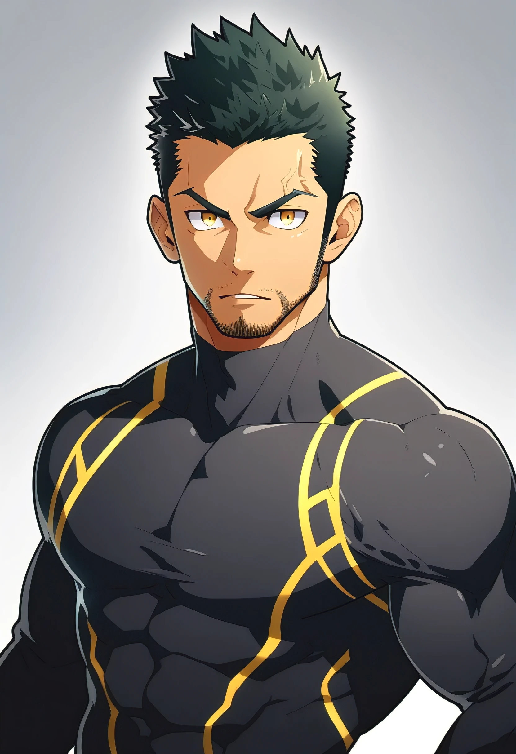 one negro, anime characters:Gyee, Priapus, One Muscle Sports Student, ????? black skin, Very Black, muscular tough guy, Manliness, male focus, Grey long sleeve turtleneck tight t-shirt, Regular symmetrical pattern, Very tight, muscular male, muscular, only, Upper body, alone, Black short hair, Thick eyebrows, stubble, Yellow eyes, White background, simple background, amazing quality, best aesthetics, Ridiculous, bright pupils, crew cut, parted lips, v-shaped eyebrows, jitome, best quality