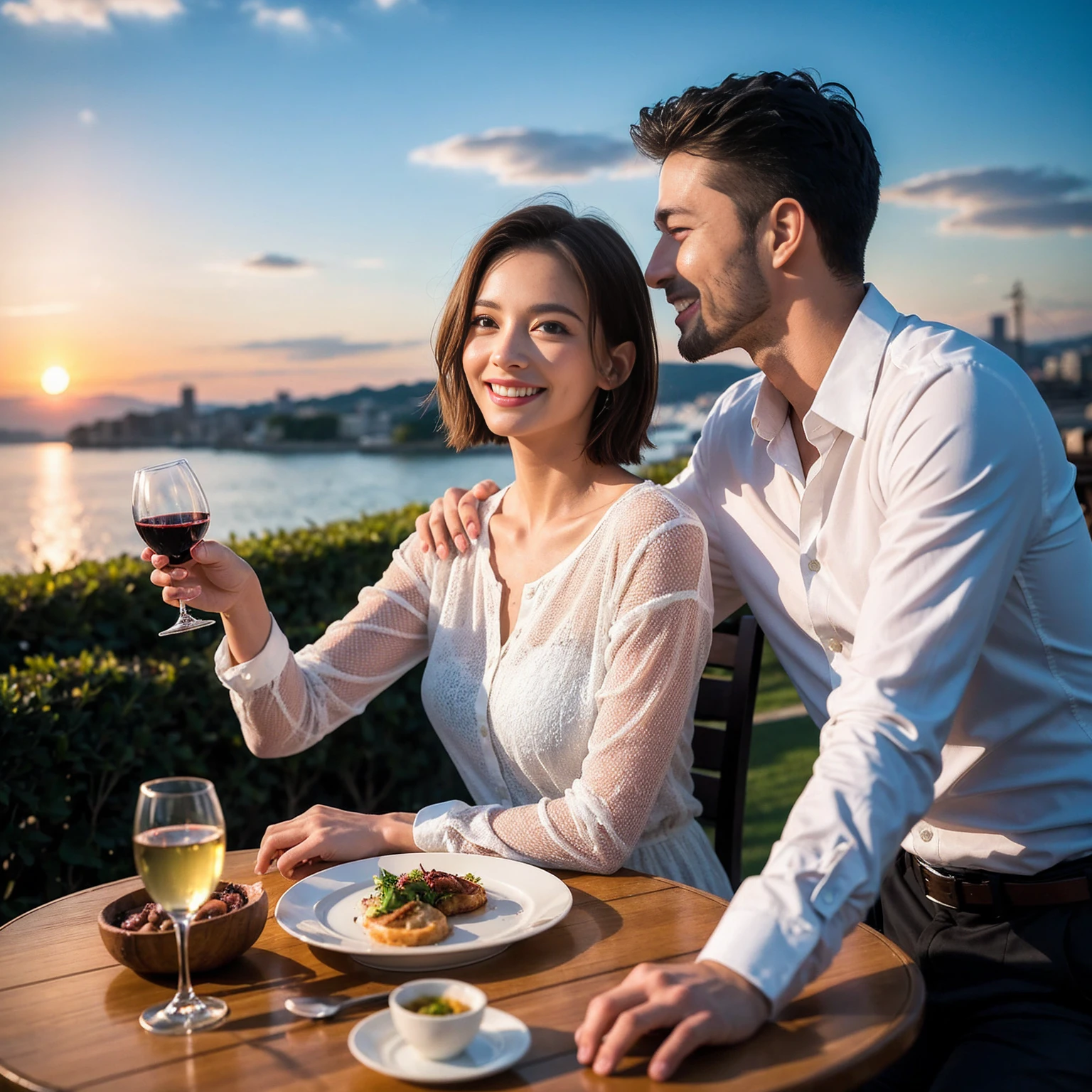 ((Highest quality、8k、masterpiece:1.3))、 (Genuineistic, Genuine、Bright image、Intricate details:1.2), 最高のsmile、1 male,1 female、Beautiful couple、spouse、fiancee、Good friends、actress couple、smile、Full-course dinner at a packed table、 (Slim face), (the body is slim), (Brown Hair), (short hair), テーブルのwine glass、Please shine a light on my face、 Amazing view of the sunset sky and clouds、 (42 years old)38 years old, red wine 、Appetizers、Wine bottle、sparkling wine、Long sleeve shirt、dress、White wine, red wine, wine glass,