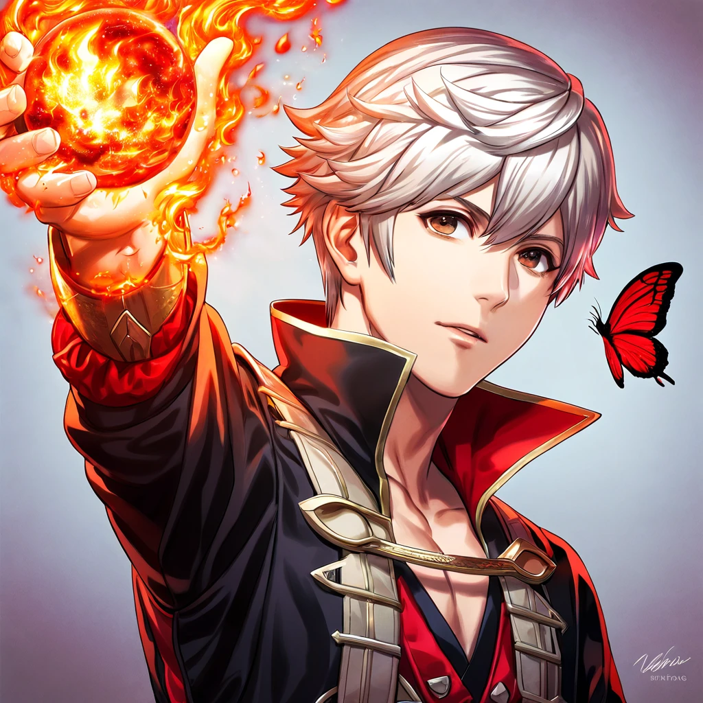 absurdres, highres, ultra detailed, HDR, master piece, best quality, Robin, white hair, expressive brown eyes, fire emblem awakening, solo, sexy man, handsome, black tunic, magical, fantasy, shining, red flowers, red blossoms, red butterflies, red petals