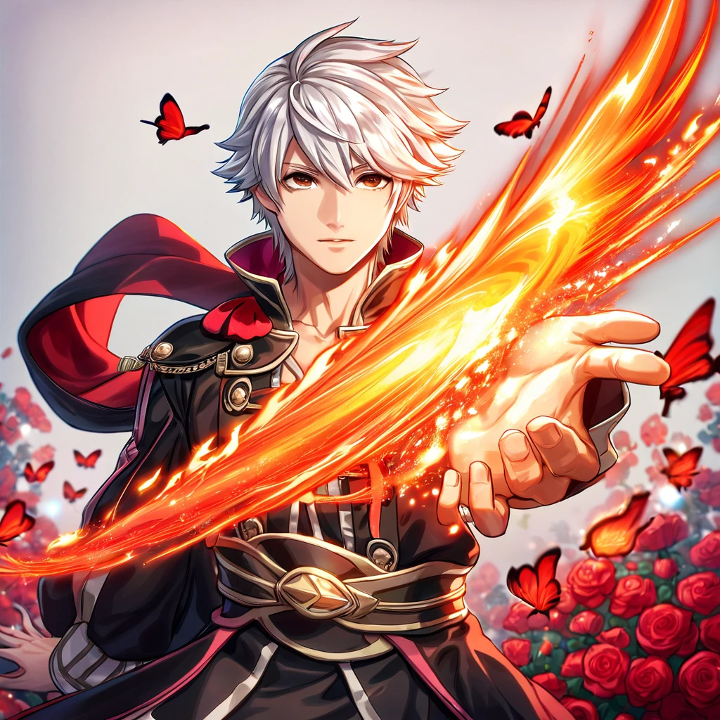 absurdres, highres, ultra detailed, HDR, master piece, best quality, Robin, white hair, expressive brown eyes, fire emblem awakening, solo, sexy man, handsome, black tunic, magical, fantasy, shining, red flowers, red blossoms, red butterflies, red petals