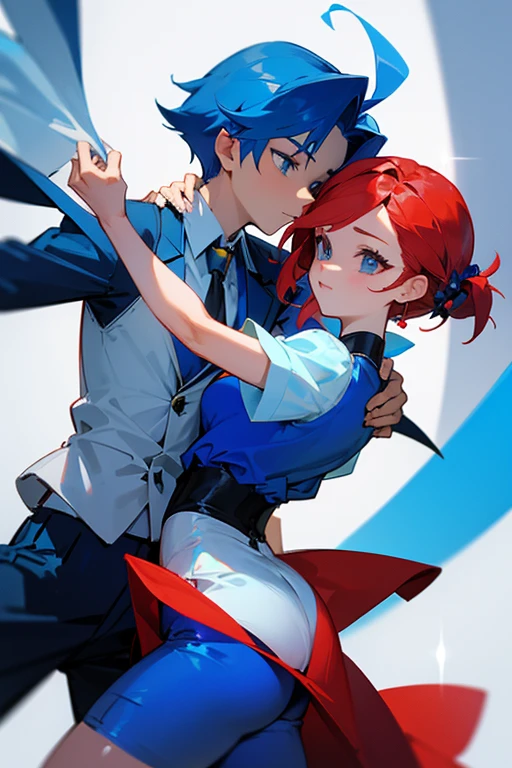 ok. now create a blue girl with a blue blouse and blue shorts dancing with the boy with red hair. Os dois tem a mesma idade