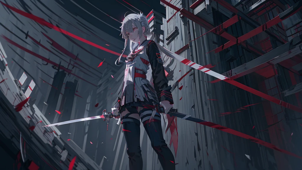 Anime girl with white hair and red pants holding a knife, gapmoe Yandere, Yandere, Yandere. expensive, gapmoe Yandere grimdark, Shiro from Deadman Wonderland, Yandere intricate, Gray-haired deity, portrait gapmoe Yandere grimdark, Gray-haired, ( ( ( yoh yoshinari ) ) ), very Bloodstained, Bloodstained + Concept Art