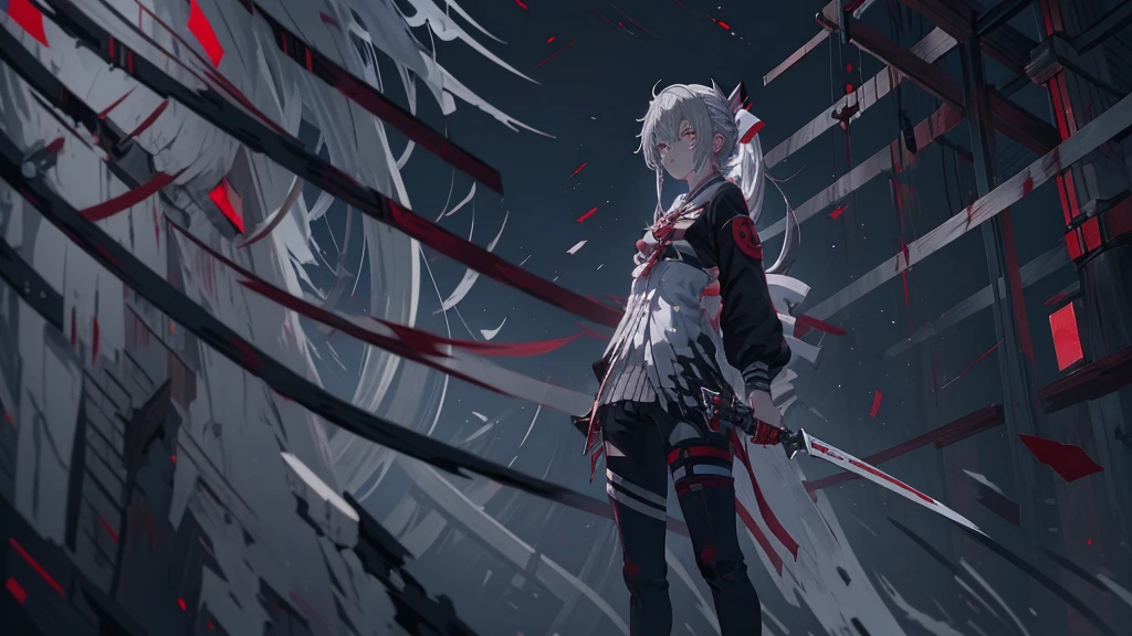 Anime girl with white hair and red pants holding a knife, gapmoe Yandere, Yandere, Yandere. expensive, gapmoe Yandere grimdark, Shiro from Deadman Wonderland, Yandere intricate, Gray-haired deity, portrait gapmoe Yandere grimdark, Gray-haired, ( ( ( yoh yoshinari ) ) ), very Bloodstained, Bloodstained + Concept Art
