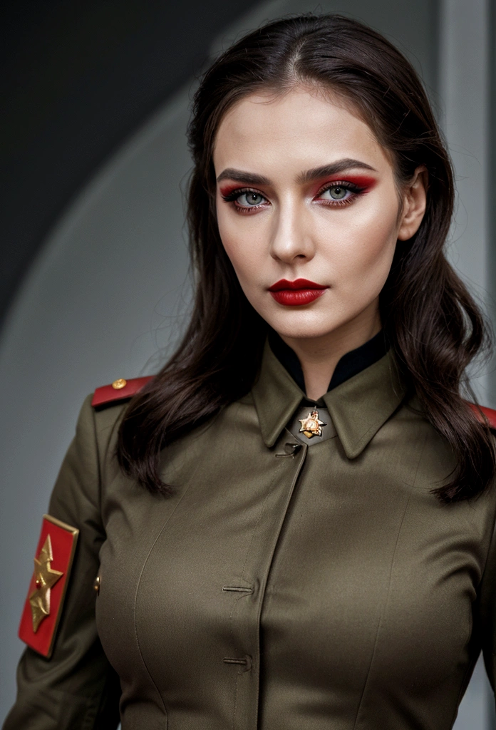 Soviet woman, Soviet officer, model appearance, a lot of makeup, sexy face with full makeup, DRESSED IN MILITARY UNIFORM