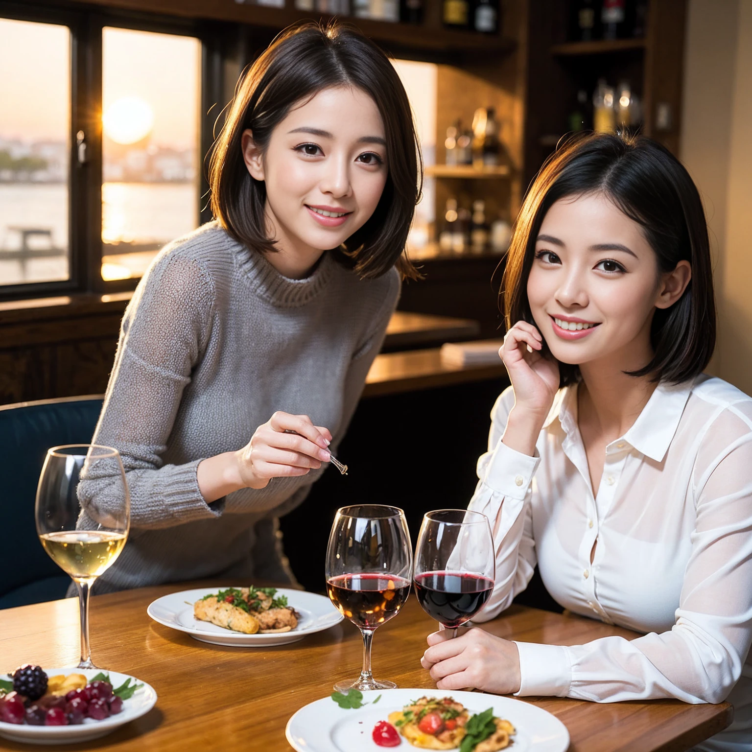 ((Highest quality、8k、masterpiece:1.3))、 (Genuineistic, Genuine、Bright image、Intricate details:1.2), 最高のsmile、1 male, 1 female、Beautiful couple、Satomi Ishihara-like lover、Good friends、actress couple、smile、Full-course dinner at a packed table、 (Slim face), (the body is slim), (Brown Hair), (short hair), テーブルのwine glass、Please shine a light on my face、 Amazing view of the sunset sky and clouds、 (36 years old)38 years old, red wine 、Appetizers、Wine bottle、sparkling wine、Long sleeve shirt、dress、White wine, red wine, wine glass, 