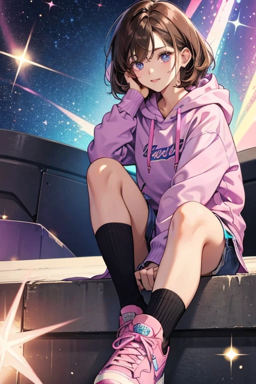 She has short brown hair and her eyes are never seen, either being shaded over or hidden by her hair. She wears a purple hoodie, dark blue shorts, long socks, and pink shoes. SPARKLE; GLITTER