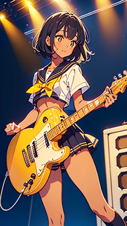 masterpiece, best quality, dark skin, short hair, yellow eyes, black hair, beautiful girl, thin, full body, tall girl, ((cute white long sailor uniform)), ((kawaii)), plan boobs, short , small , ((short chest)), ((big butt)), ((wide thigh)), front view, playing electric guitar and singing with microphone, school
