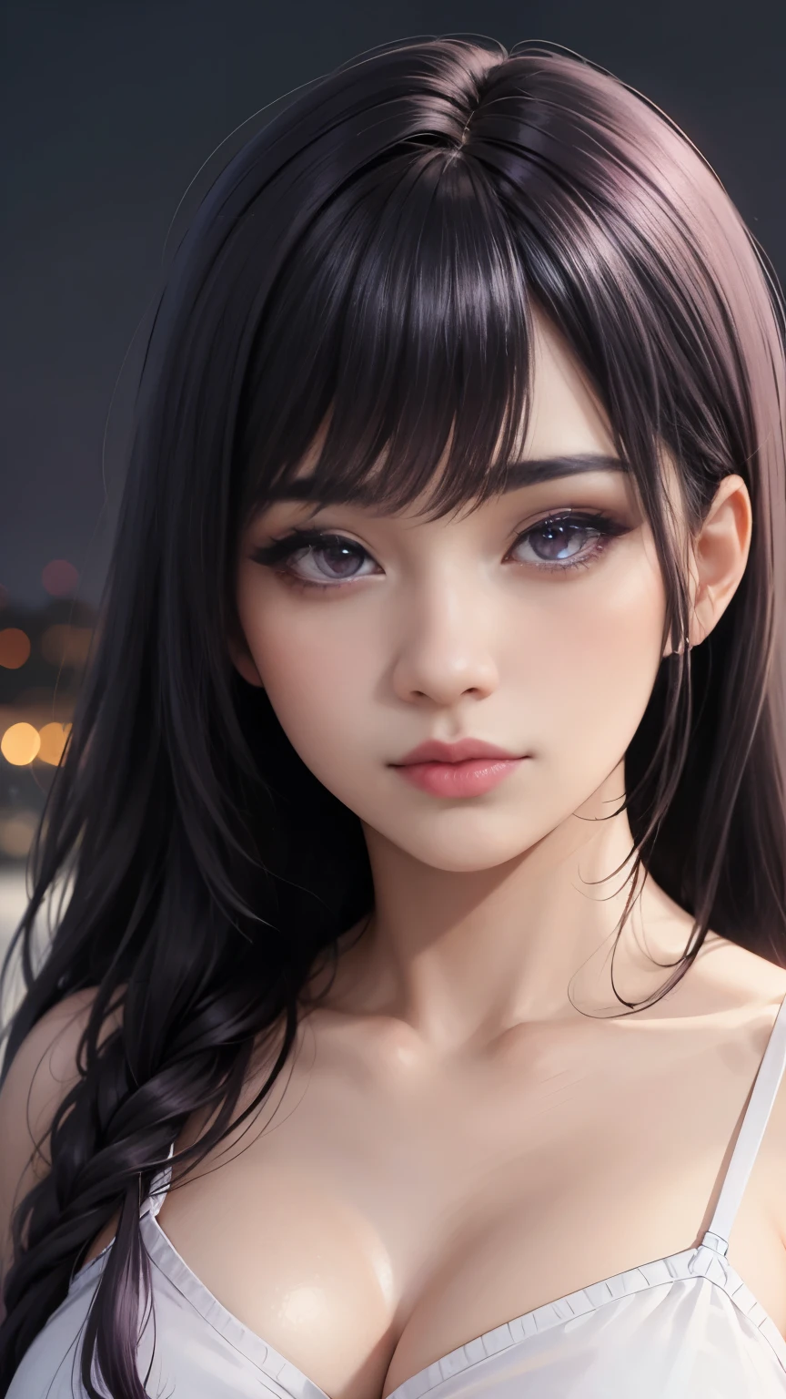 background(Black Night Sky,Big Moon),Close-up of a woman,Wearing a white shirt、Purple Hair,Very long hair,very thick braids,Purple eyes,big , realistic girl rendering, 8k artistic german bokeh, Enchanting girl, Real Girls, Gurwitz, Gurwitz-style artwork, Girl Roleplay, Realistic 3D style, cgstation Popular Topics,, 8K Portrait Rendering,(truth,truth:1.4),Wear pink pajamas,巨big ,Sparkling eyes,Purple eyes