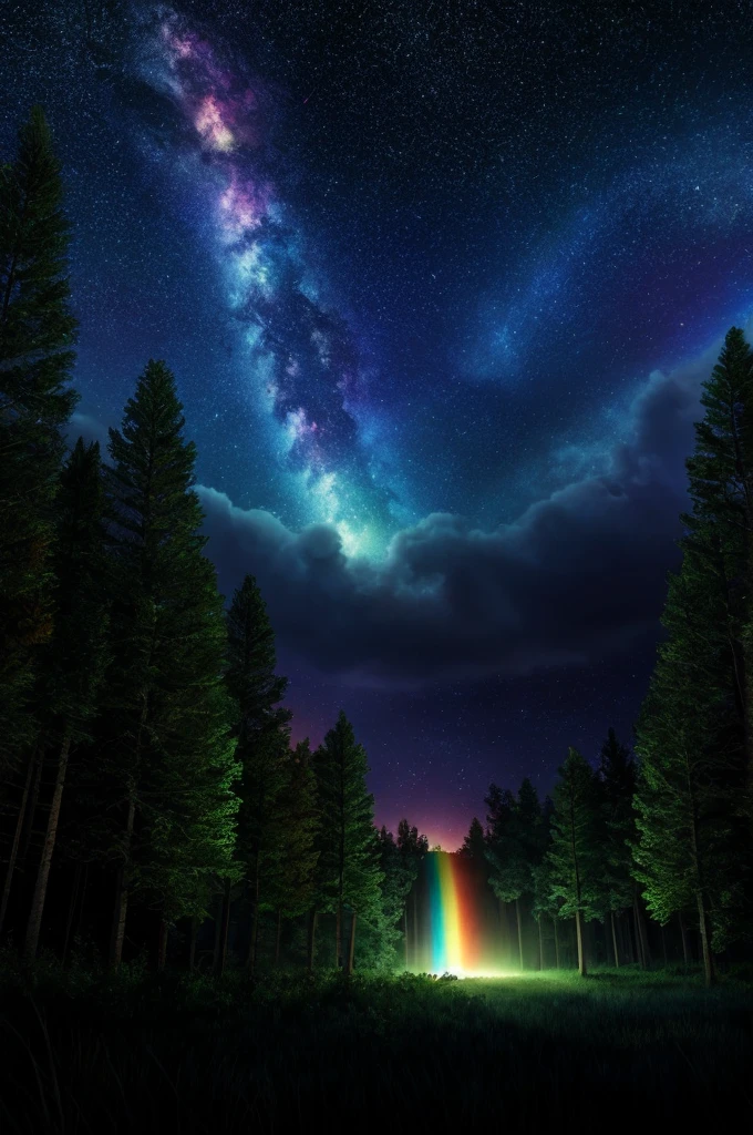 rainbow, very beautiful, photorealism, 8k, extra detailed, shiny, in night forest, night, growing, bright, atmospheric, comette, comette in the sky, armageddon, falling asteroid