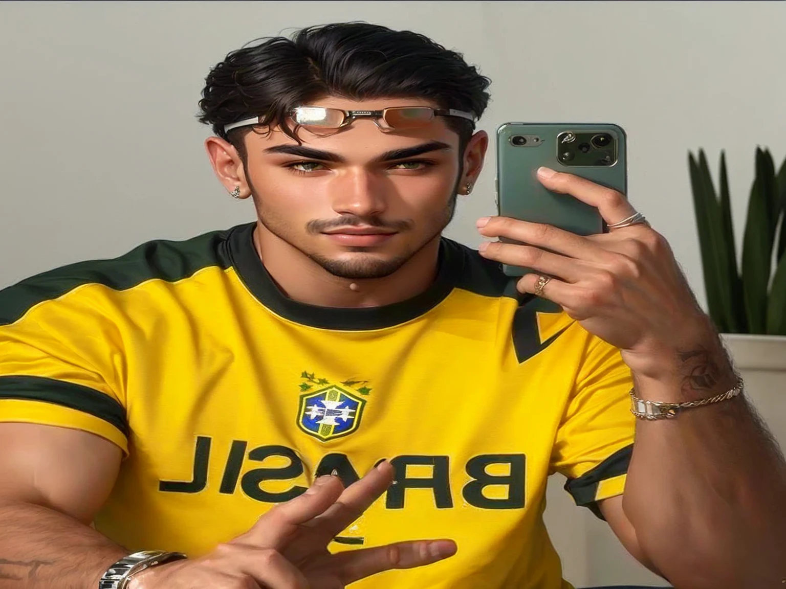 homem arafiado com camisa amarela e camisa verde segurando um celular, monocelha, caio santos, cantora maluma, 🔞🤡, supermodelo brasileira, estilo esportivo profissional, imagem frontal, brasil, oficial, goggles on forehead, inspirado em Ion Andreescu, looks like fabiula nascimento, lucas graziano, imagem de perfil