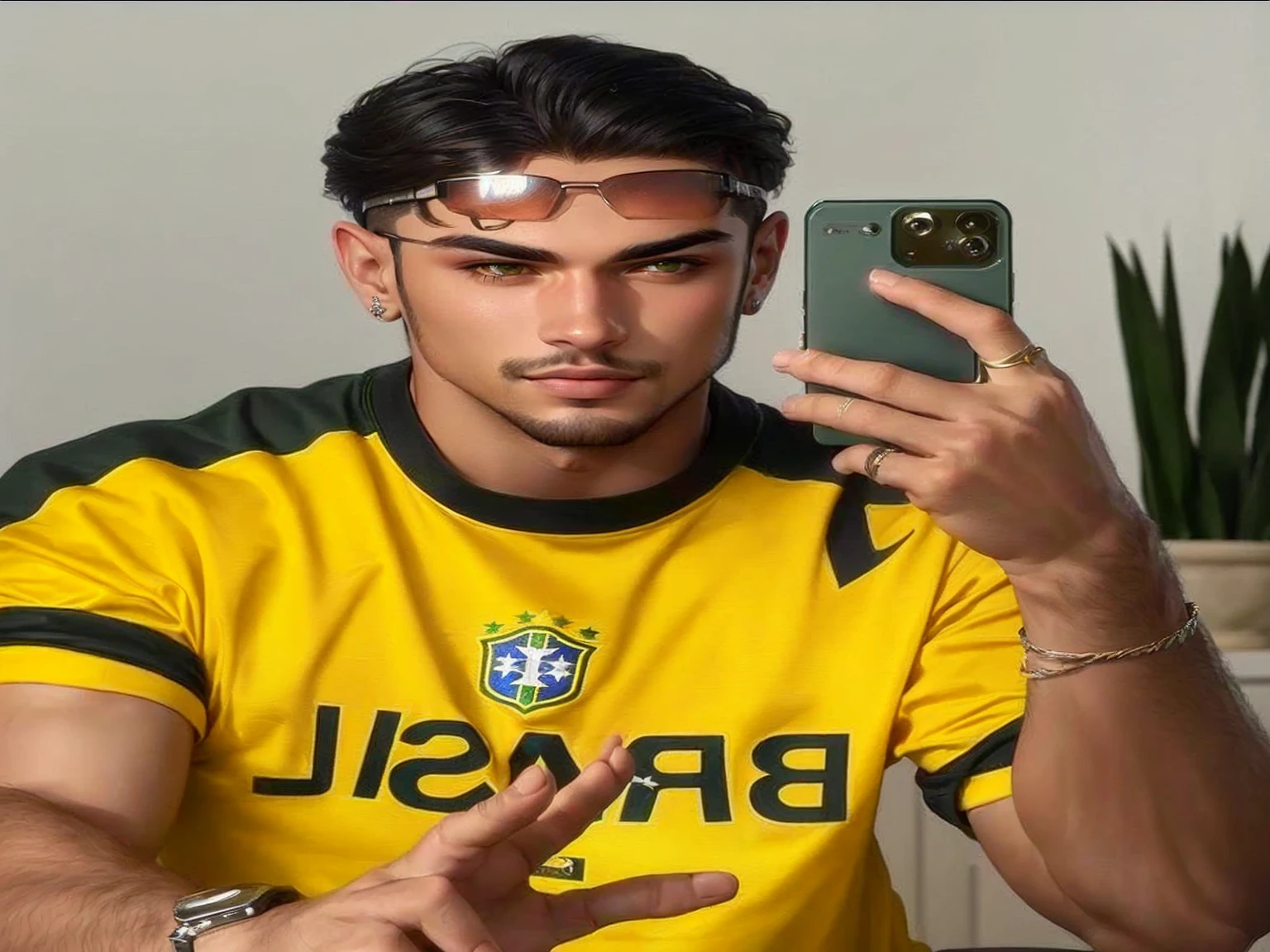homem arafiado com camisa amarela e camisa verde segurando um celular, monocelha, caio santos, cantora maluma, 🔞🤡, supermodelo brasileira, estilo esportivo profissional, imagem frontal, brasil, oficial, goggles on forehead, inspirado em Ion Andreescu, looks like fabiula nascimento, lucas graziano, imagem de perfil