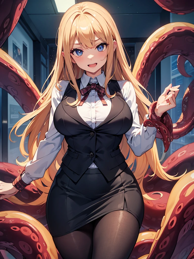 masterpiece, best quality, expressive eyes, perfect face, highly detailed, intricate detailed, atmospheric perspective, solo, 1mature seductive woman flirting with tentacles, tentacles wrap breasts, alluring pose, brown semi long hair, neckless, business suit, checked vest, blouse, black pencil skirt, tight mini skirt, tentacles lifting skirt, pantyhose, panties, curvy, tentacles wrap thighs, calm smile, shy, open mouth, in office, at night,