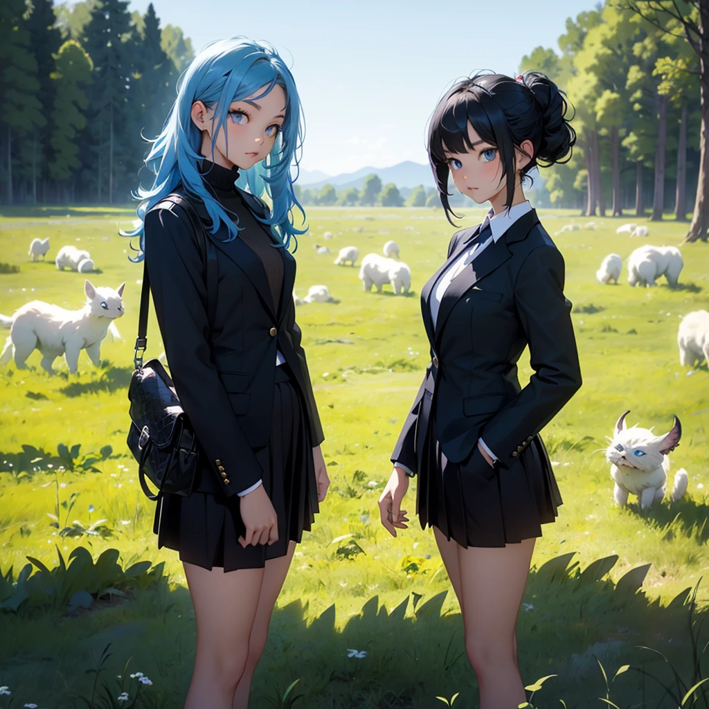 teenage girl (blue hair),(blue eyes),(Wear a simple, elegant, plain black skirt suit.),(The background is a grass field with many cute monsters.)