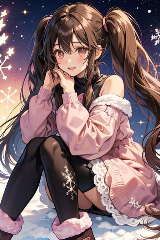 Yukine has dark brown eyes and dark brown hair that reaches just below her shoulders, tied in two pigtails. She wears a pink, long-sleeved winter dress with lace around the neck hole and a snowflake design at the bottom left. She also wears black leggings and tan coloured snow boots that kind of resemble Ugg boots. SPARKLE; GLITTER