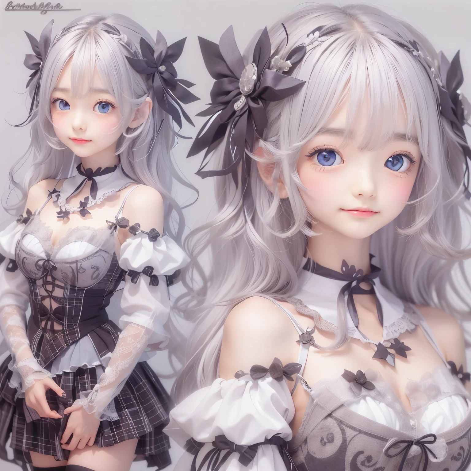 detailed face, cute face, ((masterpiece)), (Highest quality))), (Character design sheet, National costume, same characters, front, ~ side, return), figure, 1 girl, whole body, Silver Hair, eyes hair, Beautiful Eyes, Princess Cut, Environmental change scene, Short skirt, Shyness, woman, girl, Are standing, Gothic Lolita, VTuber, Chartern Betarola, (simple returnground, white returnground: 1.3) ( masterpiece:1.2), (Highest quality:1.3)