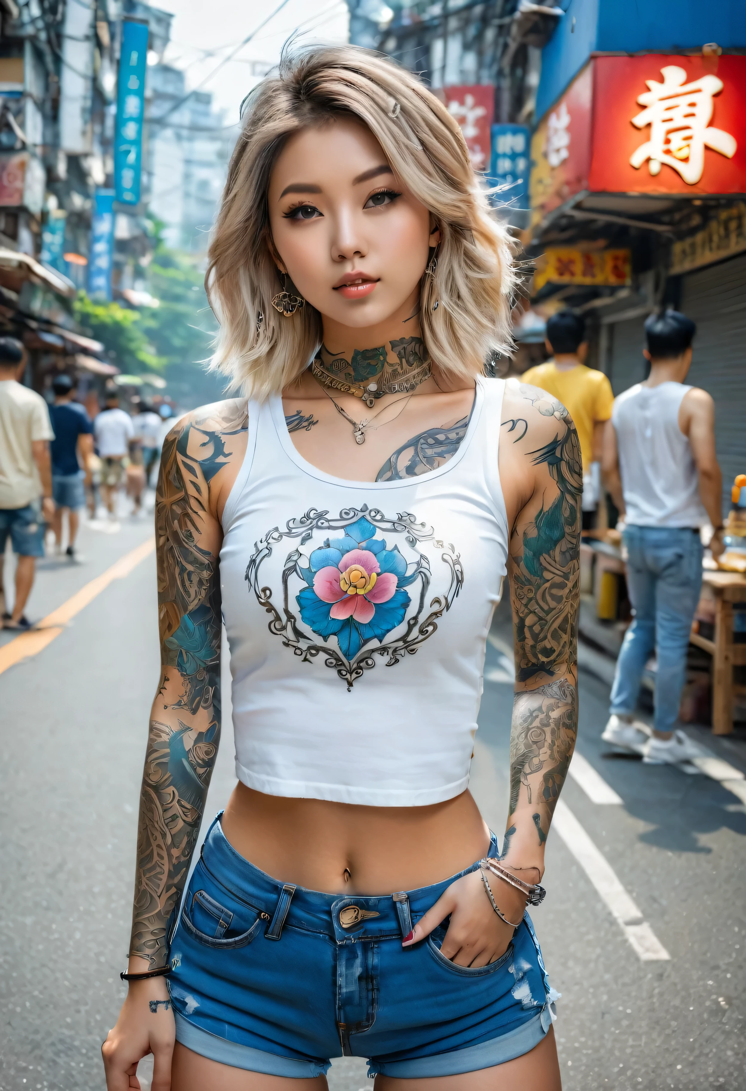 1 girl, solo, (best quality, 4k, Masterpiece, Ultra detailed, RAW quality), arafed woman with tattoos and a white top standing on a city street, perfect girl with ashy hair, wearing a sexy crop top, beautiful body, Beautiful abdomen, beautiful and perfect legs, worn blue denim shorts, abdomen of Taiwanese girl with tattoos, Korean girl, beautiful perfect and realistic full body, blonde Goddess, sexy look, with tattoos, doing flexing, collecting coins,