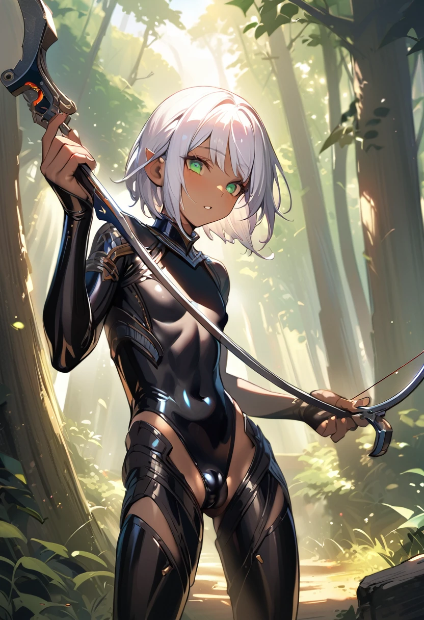 1boy, trap, wood elf, short spiky white hair, green eyes, full lips, dark skin, flat chest, black latex bodysuit, crotch bulge, holding a bow, fantasy background, textured skin, UHD, UHD, UHD, UHD, award winning, high details, incredible high-key lighting and shadows, masterpiece, incredible illustration, forest background