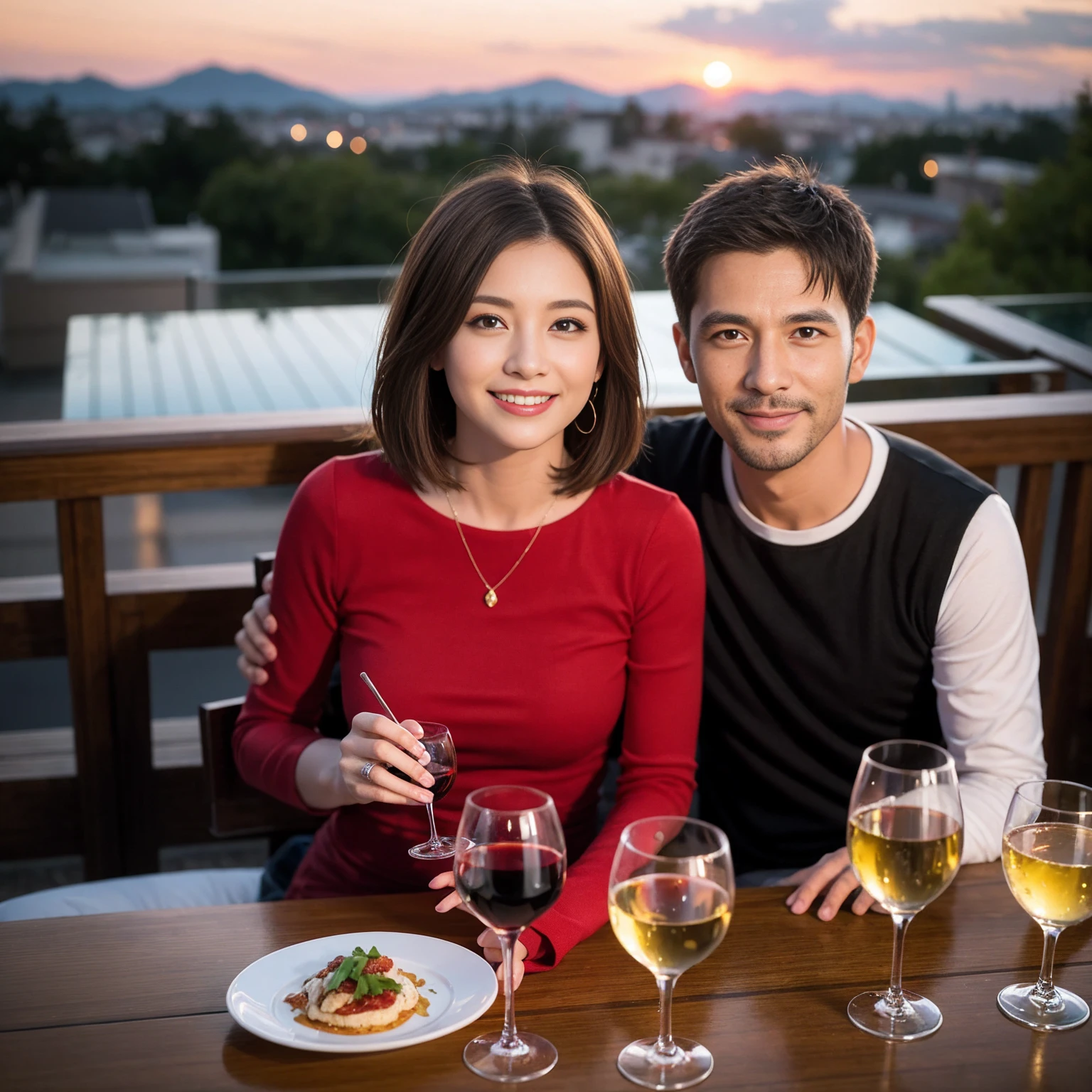 ((Highest quality、8k、masterpiece:1.3))、 (Genuineistic, Genuine、Bright image、Intricate details:1.2), 最高のsmile、1 male 1 female、Beautiful couple、spouse、fiancee、Good friends、actress couple、smile、Full-course dinner at a packed table、 (Slim face), (the body is slim), (Brown Hair), (short hair), テーブルのwine glass、Please shine a light on my face、 Amazing view of the sunset sky and clouds、 (42 years old)40 years old, red wine 、Appetizers、Wine bottle、sparkling wine、Long sleeve shirt、dress、White wine, red wine, wine glass,