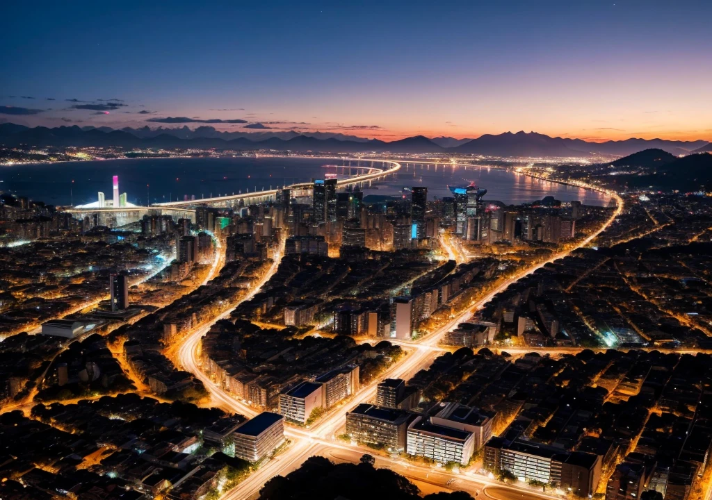Cidade vista de cima, noite, luzes coloridas, city pop,