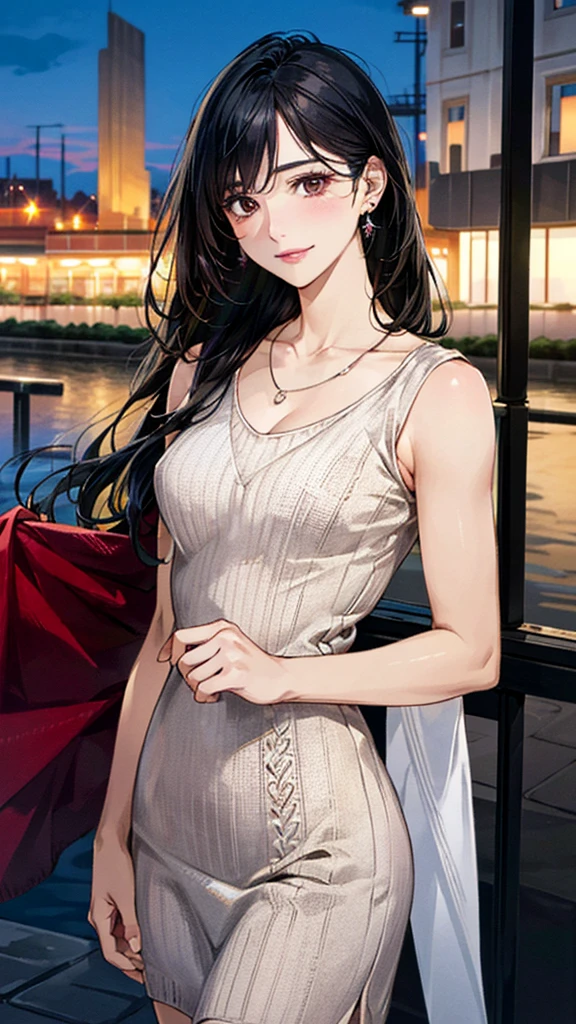 (masterpiece:1.3, Highest quality, Ultra-high resolution, Super detailed), (Realistic, photoRealistic:1.4), Beautiful illustrations, Perfect lighting, colorful, Depth of written boundary,
Beautiful detailed hair, Beautifully detailed face, Beautiful fine details, Beautiful clavicle, Beautiful body, 美しいLarge Breasts, Beautiful thighs, Beautiful feet, Beautiful fingers,
View Viewer、Front view:0.6, Beauty1人, Japanese, Beauty、30 years old, Perfect Face, (Perfect Anatomy, Anatomically correct), Cute and symmetrical face, Baby Face, , Shiny skin,
((Detailed cloth texture、long、Bordeaux knit dress:1.4)),One shoulder bag、
(Black Hair, Medium straight:1.4), Dark brown eyes, Large Breasts, Slim body,
necklace, Small earrings:1.1,
(Beautiful views), (night), (city, cityscape in the distance), Standing with good posture, A soft smile、(Smile, Lips parted),
