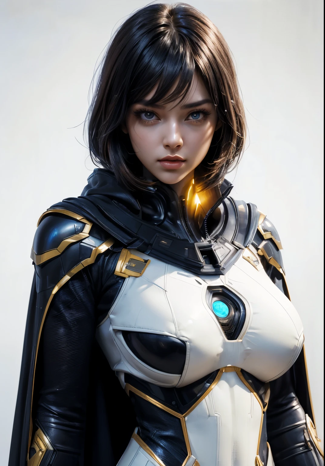 Waist up ((Extremely detailed asymmetric realistic masterpiece)) hyperrealistic masterpiece, Superhero very beauty girl ((in futuristic aesthetic style)) in extremely detailed tech plugsuit, cinematic illumination: 8k, glowing, concept art, smooth, sharp focus, illustration