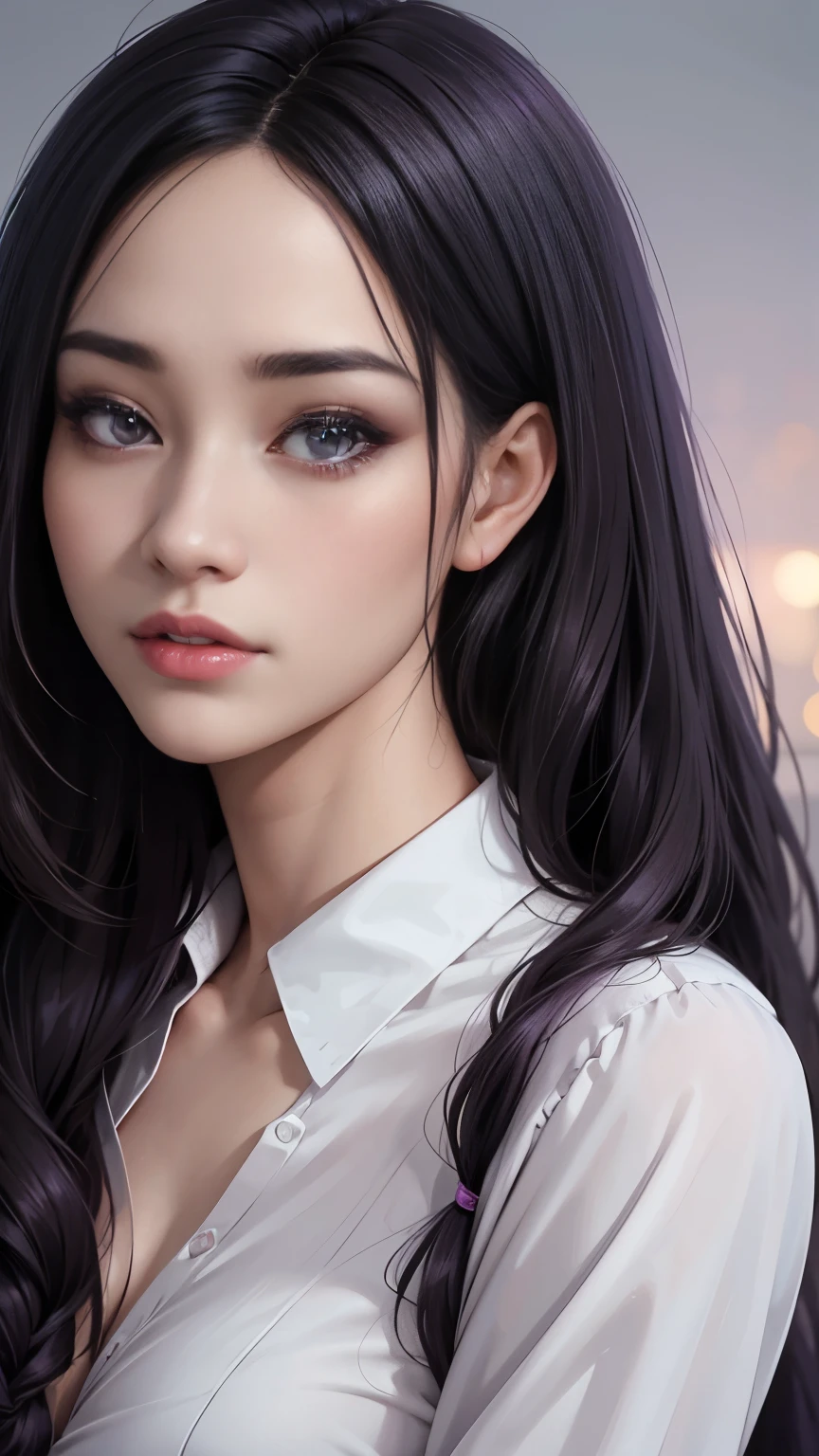background(Black Night Sky,Big Moon),Close-up of a woman,Wearing a white shirt、Purple Hair,Very long hair,very thick braids,Purple eyes,big , realistic girl rendering, 8k artistic german bokeh, Enchanting girl, Real Girls, Gurwitz, Gurwitz-style artwork, Girl Roleplay, Realistic 3D style, cgstation Popular Topics,, 8K Portrait Rendering,(truth,truth:1.4),Wear pink pajamas,巨big ,Sparkling eyes,Purple eyes
