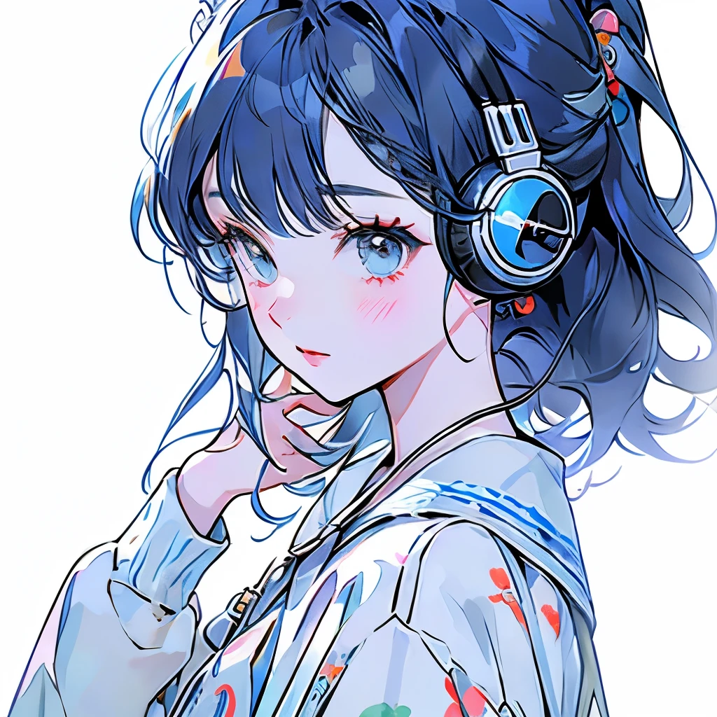 masterpiece、One Girl、Blue Hair、Fashionable clothes、Pure white background、Wearing headphones