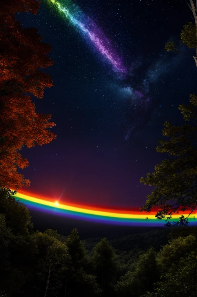 rainbow, very beautiful, photorealism, 8k, extra detailed, shiny, in night forest, night, growing, bright, atmospheric, comette, comette in the sky, armageddon, falling asteroid