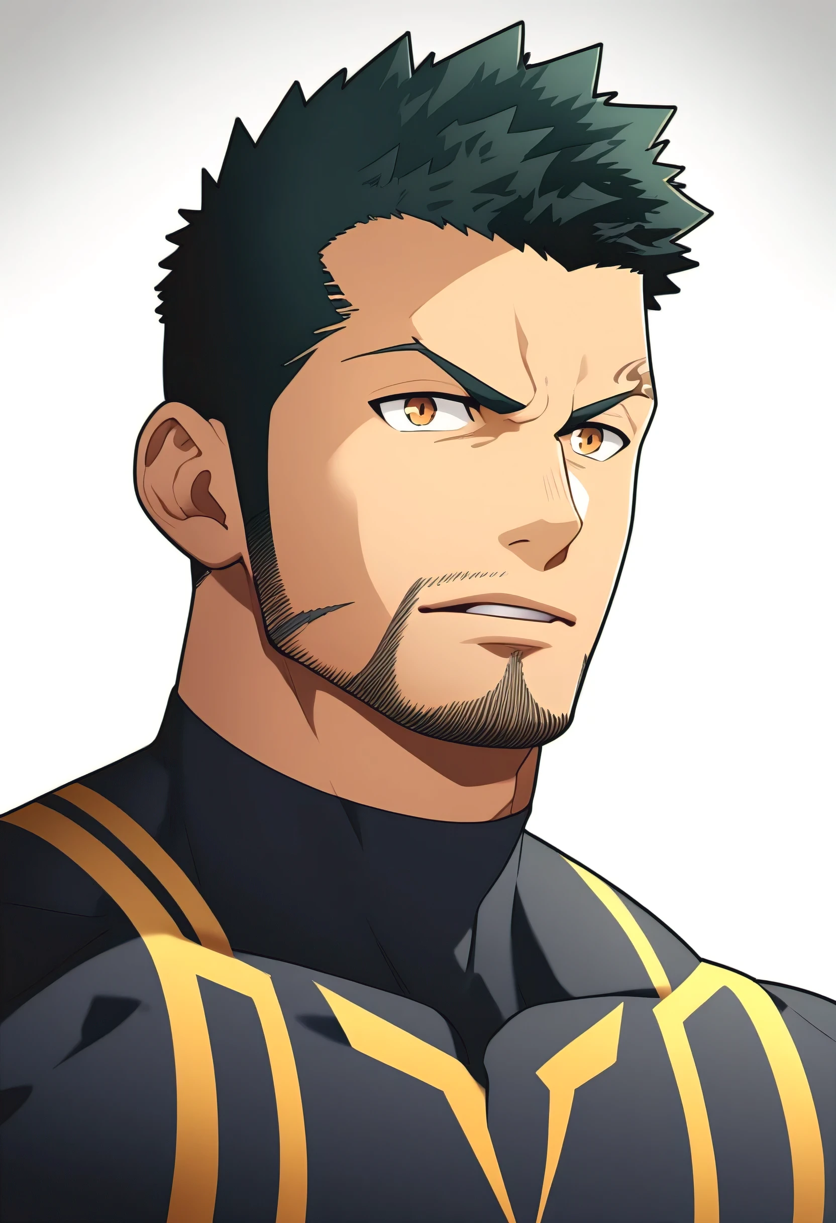one negro, anime characters：Gyee, Priapus, 1 muscle man, negro black skin, Very Black, muscular tough guy, Manliness, male focus, Grey long sleeve turtleneck tight t-shirt, Regular symmetrical pattern, Very tight, muscular male, muscular, only, Upper body, alone, Black short hair, Thick eyebrows, stubble, Brown eyes, White background, simple background, amazing quality, best aesthetics, Ridiculous, bright pupils, crew cut, parted lips, v-shaped eyebrows, jitome, best quality