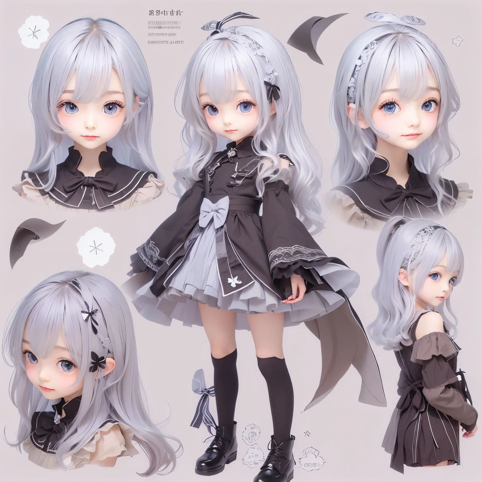 detailed face, cute face, ((masterpiece)), (Highest quality))), (Character design sheet, National costume, same characters, front, ~ side, return), figure, 1 girl, whole body, Silver Hair, eyes hair, Beautiful Eyes, Princess Cut, Environmental change scene, Short skirt, Shyness, woman, girl, Are standing, Gothic Lolita, VTuber, Chartern Betarola, (simple returnground, white returnground: 1.3) ( masterpiece:1.2), (Highest quality:1.3)