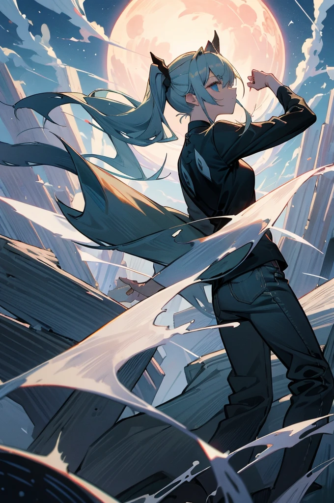 blue blonde、poneyTail、verd s eyes,girl、sol、a black T-shirt、rotting wood、fullmoon、Sea of trees、candle fire、Meteor swarm、starrysky、Dancing、are flying