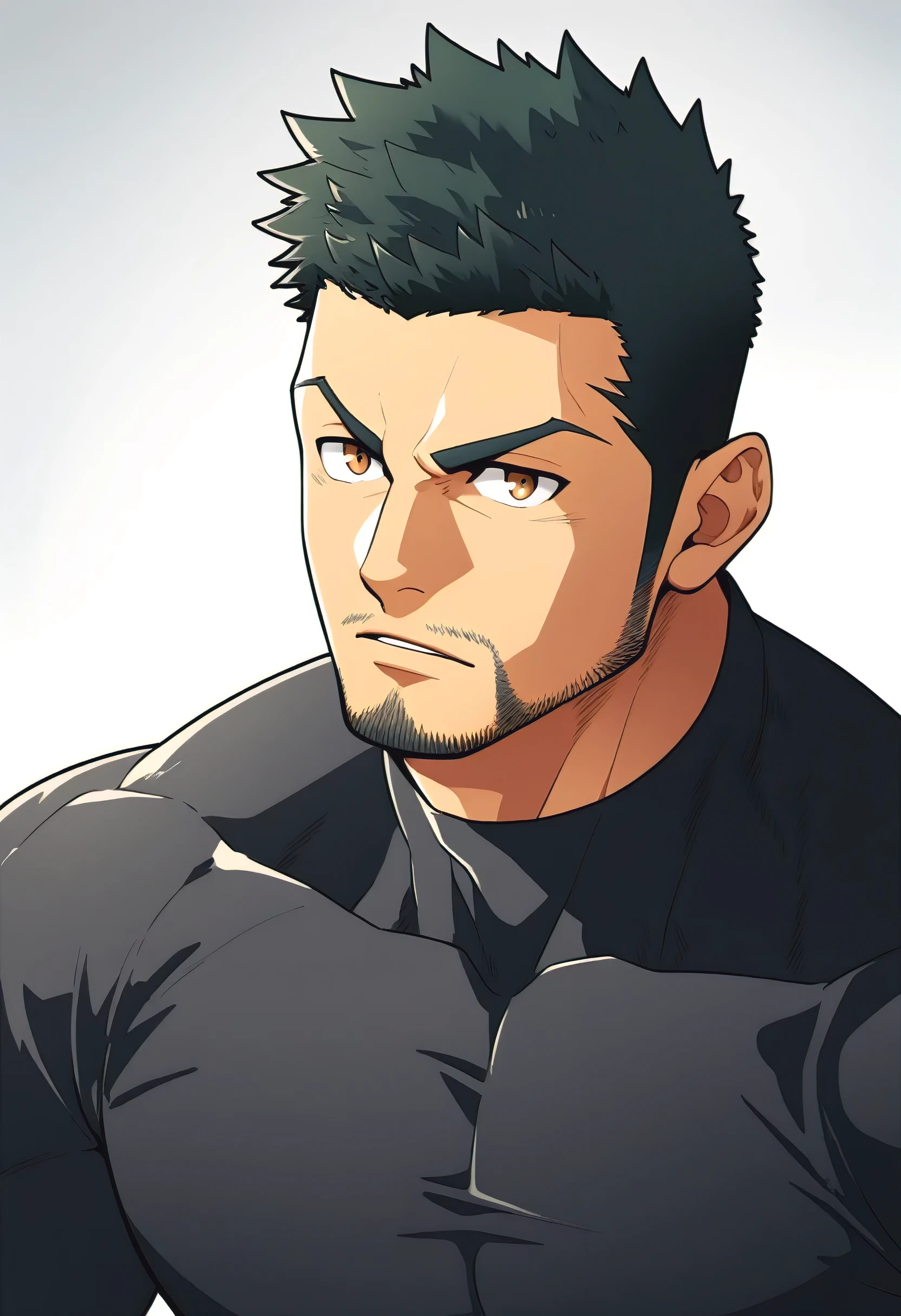 one negro, anime characters:Gyee, Priapus, 1 muscle man, negro black skin, Very Black, muscular tough guy, Manliness, male focus, Grey long sleeve turtleneck tight t-shirt, Regular symmetrical pattern, Very tight, muscular male, muscular, only, Upper body, alone, Black short hair, Thick eyebrows, stubble, Brown eyes, White background, simple background, amazing quality, best aesthetics, Ridiculous, bright pupils, crew cut, parted lips, v-shaped eyebrows, jitome, best quality