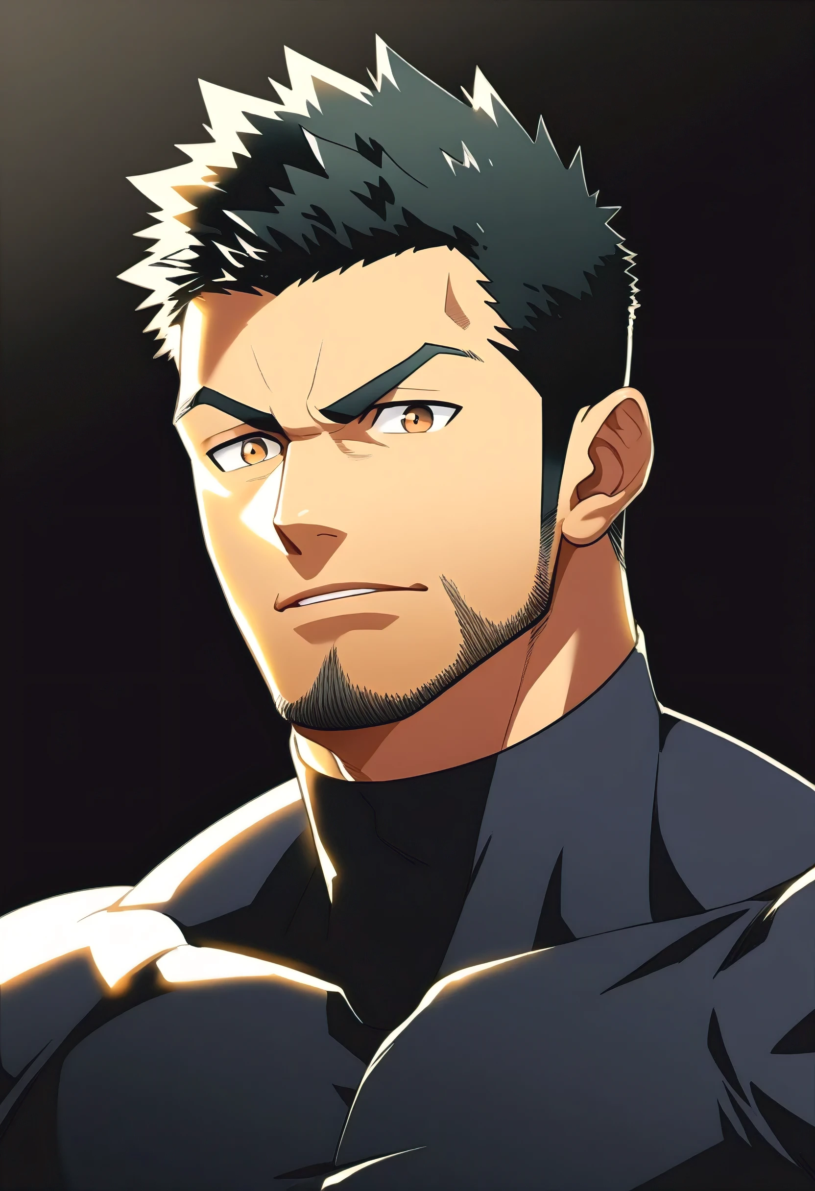 one negro, anime characters：Gyee, Priapus, 1 muscle man, negro black skin, Very Black, muscular tough guy, Manliness, male focus, Grey long sleeve turtleneck tight t-shirt, ery tight, muscular male, muscular, only, Upper body, alone, Black short hair, Thick eyebrows, stubble, Brown eyes, White background, simple background, amazing quality, best aesthetics, Ridiculous, bright pupils, crew cut, parted lips, v-shaped eyebrows, jitome, best quality