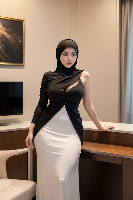 beautiful detailed face, detailed realistic eyes, detailed realistic lips, detailed realistic nose, 1girl, indonesian woman, voluptuous figure, prime age, wearing hijab, wearing office suit, office setting, im the boss, full body portrait, (best quality,4k,8k,highres,masterpiece:1.2),ultra-detailed,(realistic,photorealistic,photo-realistic:1.37),HDR,UHD,studio lighting,ultra-fine painting,sharp focus,physically-based rendering,extreme detail description,professional,vivid colors