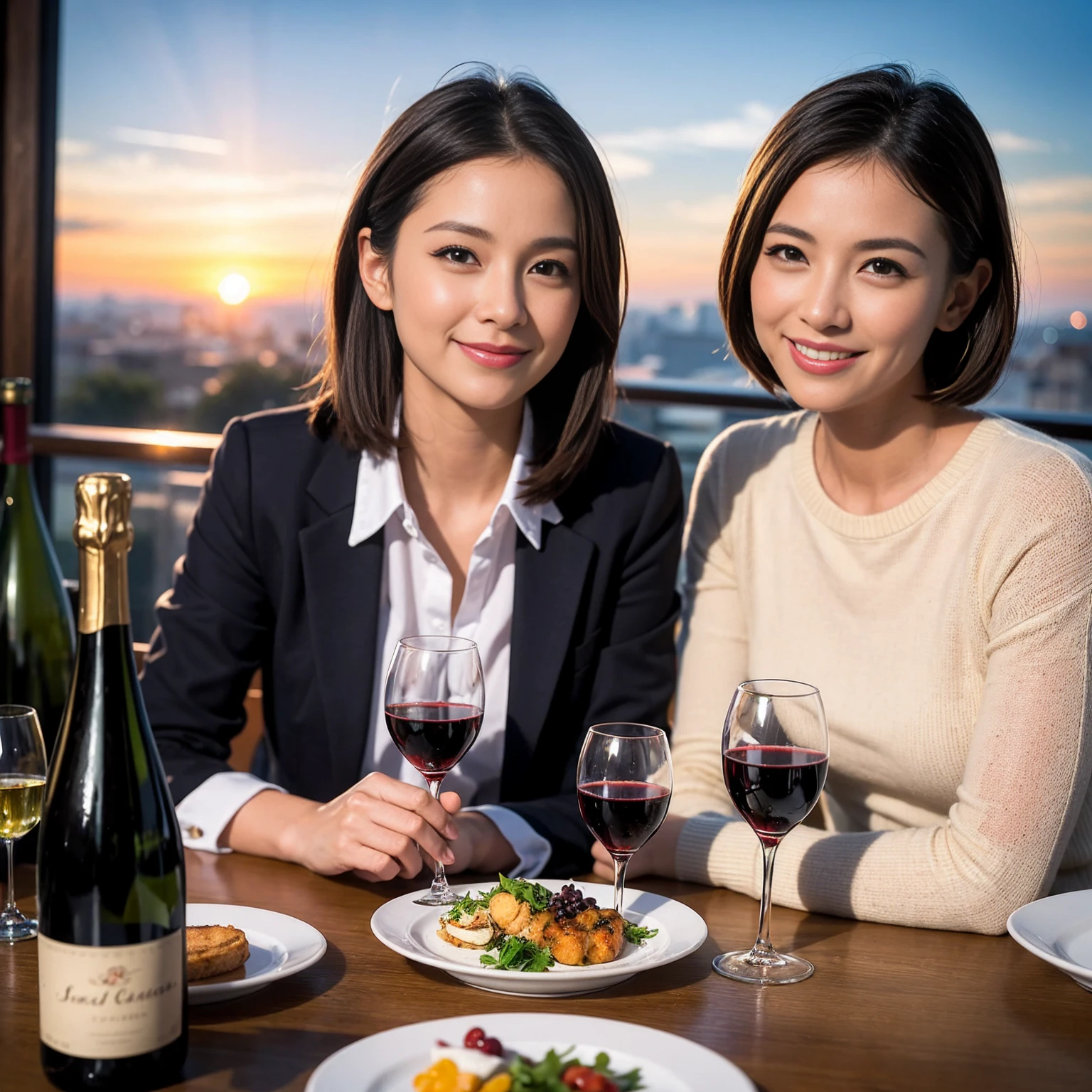 ((Highest quality、8k、masterpiece:1.3))、 (Genuineistic, Genuine、Bright image、Intricate details:1.2), 最高のsmile、1 male,1 female、Beautiful couple、spouse、fiancee、Good friends、actress couple、smile、Full-course dinner at a packed table、 (Slim face), (the body is slim), (Brown Hair), (short hair), テーブルのwine glass、Please shine a light on my face、 Amazing view of the sunset sky and clouds、 (42 years old)38 years old, red wine 、Appetizers、Wine bottle、sparkling wine、Long sleeve shirt、dress、White wine, red wine, wine glass,