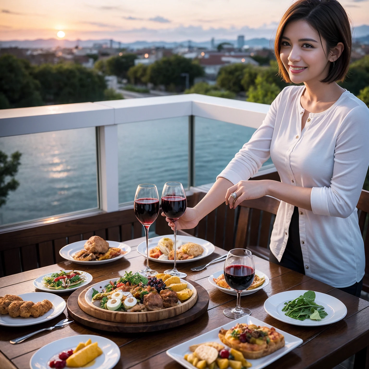 ((Highest quality、8k、masterpiece:1.3))、 (Genuineistic, Genuine、Bright image、Intricate details:1.2), 最高のsmile、1 male,1 female、Beautiful couple、spouse、fiancee、Good friends、actress couple、smile、Full-course dinner at a packed table、 (Slim face), (the body is slim), (Brown Hair), (short hair), テーブルのwine glass、Please shine a light on my face、 Amazing view of the sunset sky and clouds、 (42 years old)38 years old, red wine 、Appetizers、Wine bottle、sparkling wine、Long sleeve shirt、dress、White wine, red wine, wine glass,