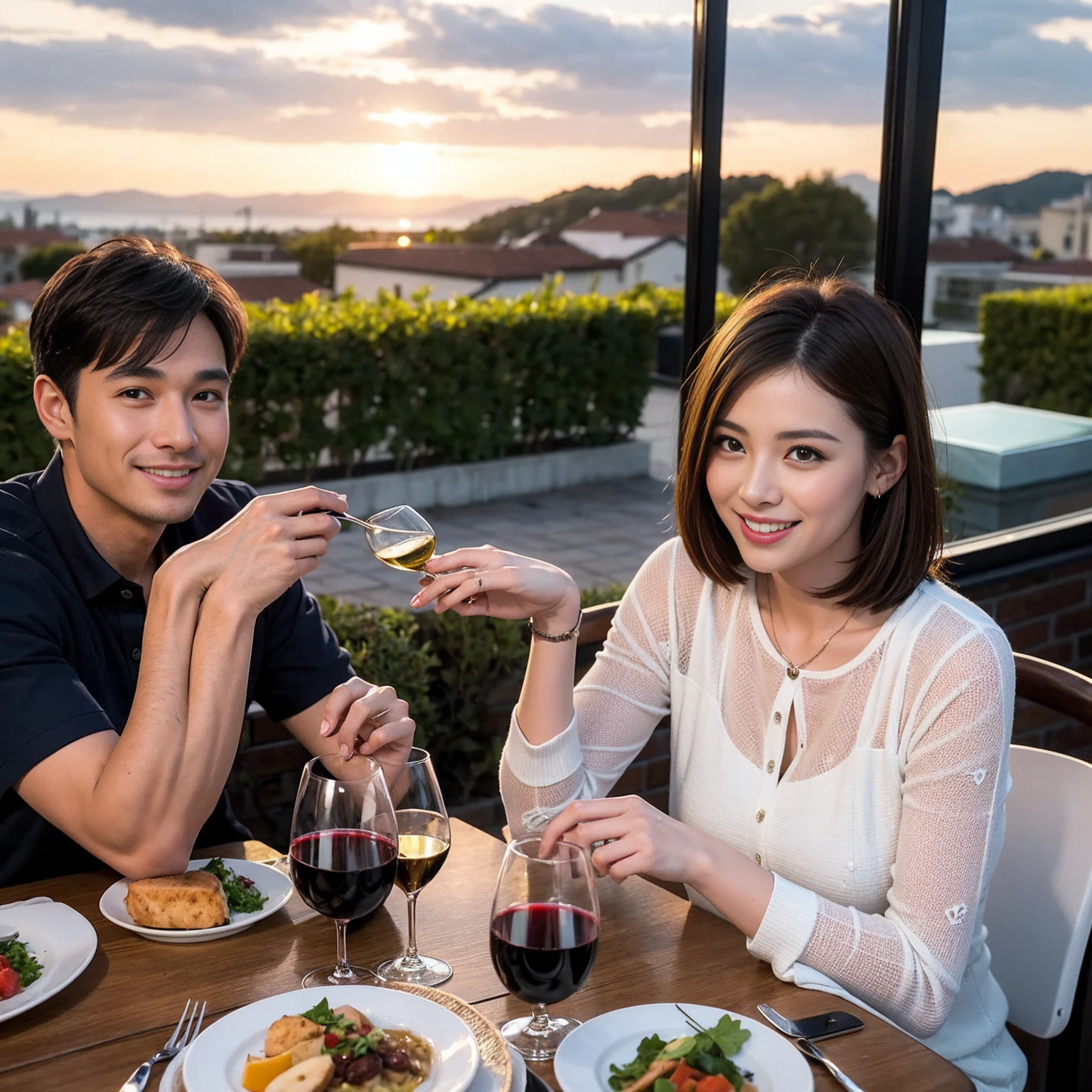 ((Highest quality、8k、masterpiece:1.3))、 (Genuineistic, Genuine、Bright image、Intricate details:1.2), 最高のsmile、1 male,1 female、Beautiful couple、spouse、fiancee、Good friends、actress couple、smile、Full-course dinner at a packed table、 (Slim face), (the body is slim), (Brown Hair), (short hair), テーブルのwine glass、Please shine a light on my face、 Amazing view of the sunset sky and clouds、 (42 years old)38 years old, red wine 、Appetizers、Wine bottle、sparkling wine、Long sleeve shirt、dress、White wine, red wine, wine glass, 