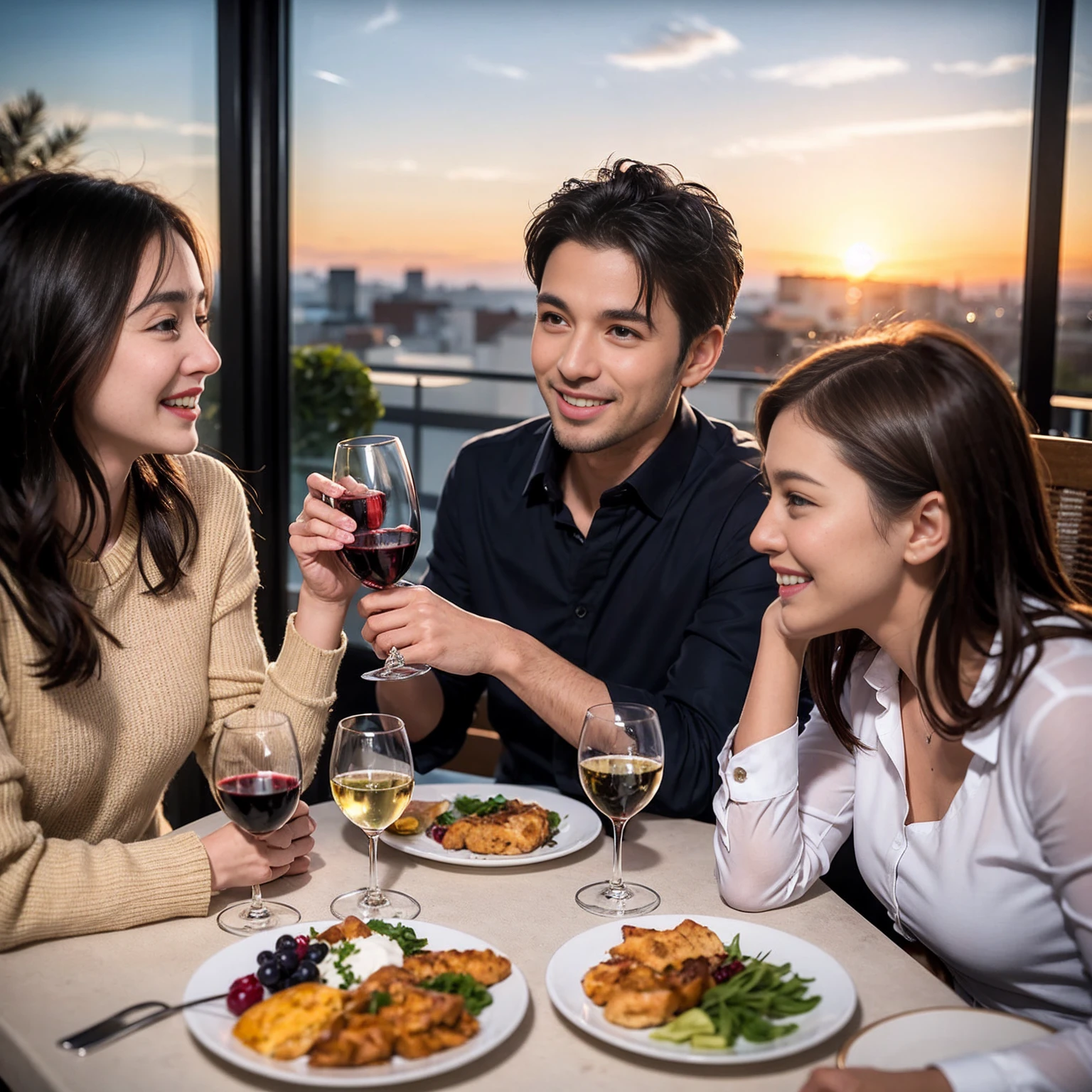 ((Highest quality、8k、masterpiece:1.3))、 (Genuineistic, Genuine、Bright image、Intricate details:1.2), 最高のsmile、1 male,1 female、Beautiful couple、spouse、fiancee、Good friends、actress couple、smile、Full-course dinner at a packed table、 (Slim face), (the body is slim), (Brown Hair), (short hair), テーブルのwine glass、Please shine a light on my face、 Amazing view of the sunset sky and clouds、 (42 years old)38 years old, red wine 、Appetizers、Wine bottle、sparkling wine、Long sleeve shirt、dress、White wine, red wine, wine glass,