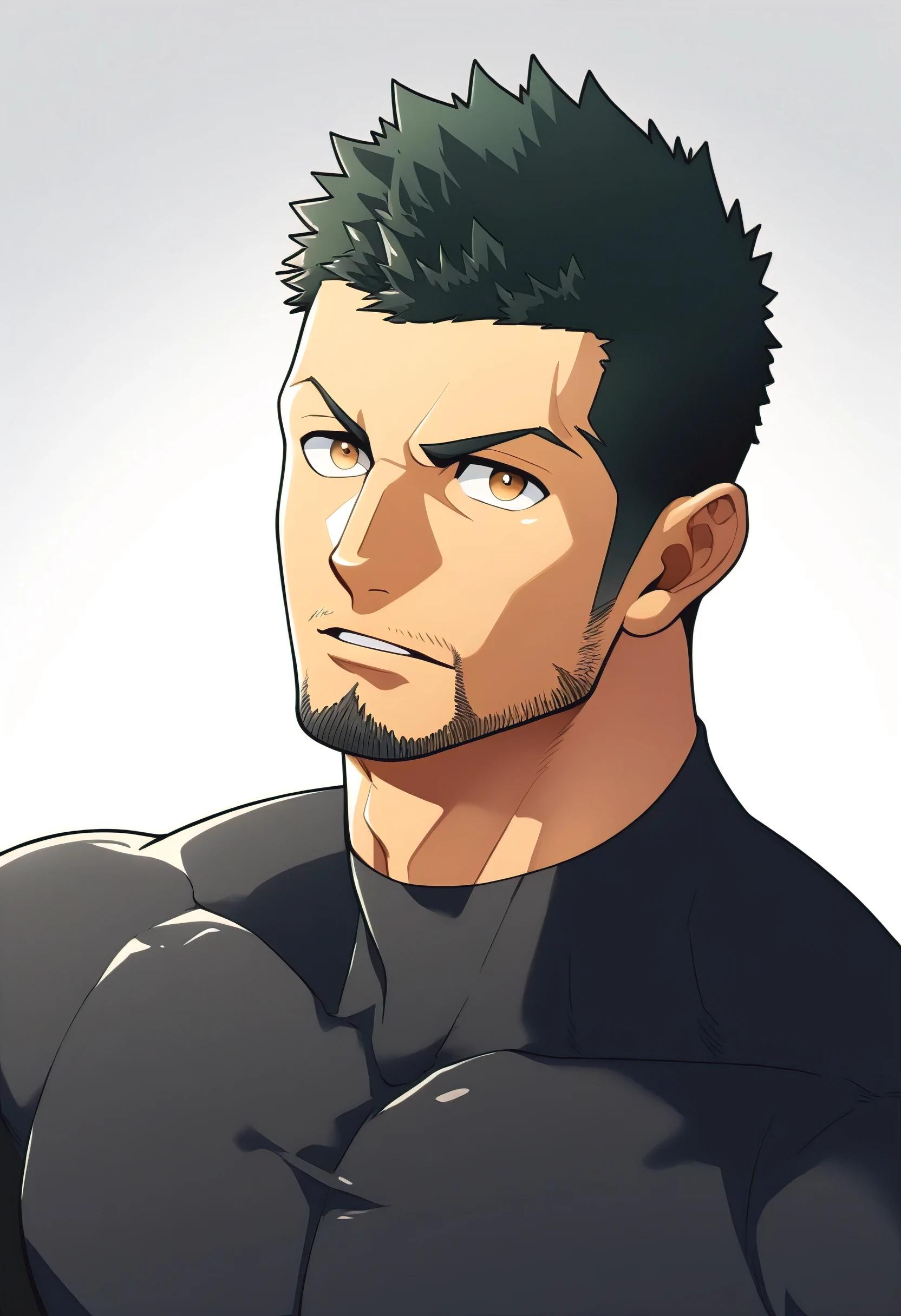 one negro, anime characters:Gyee, Priapus, 1 muscle man, negro black skin, Very Black, muscular tough guy, Manliness, male focus, Grey long sleeve turtleneck tight t-shirt, ery tight, muscular male, muscular, only, Upper body, alone, Black short hair, Thick eyebrows, stubble, Brown eyes, White background, simple background, amazing quality, best aesthetics, Ridiculous, bright pupils, crew cut, parted lips, v-shaped eyebrows, jitome, best quality