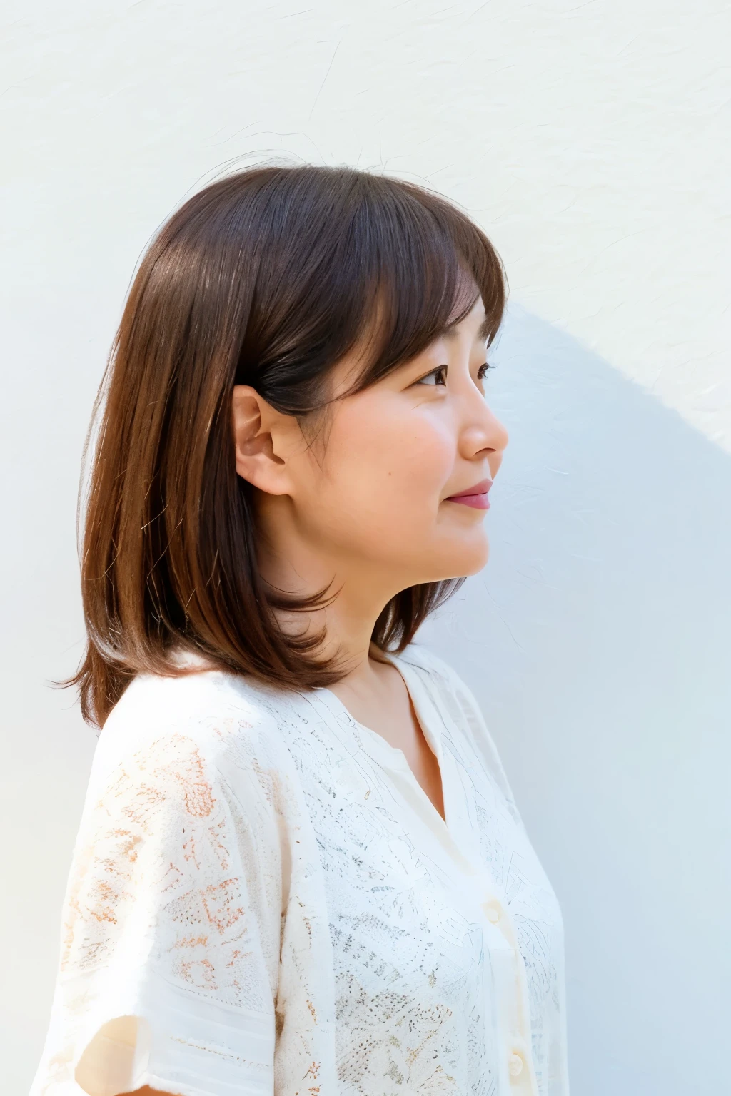 A slightly overweight Japanese woman in her 40s, Good wife, Cute face, Detailed face, fine grain, Medium Hair、Shoulder-length hair、Neat, Short sleeve white shirt, early summer, Fine weather, sunny, Photographed in front of a white wall, Portraiture、Photographed in natural light、Tabletop、cardigan、profile、Fluffy hair