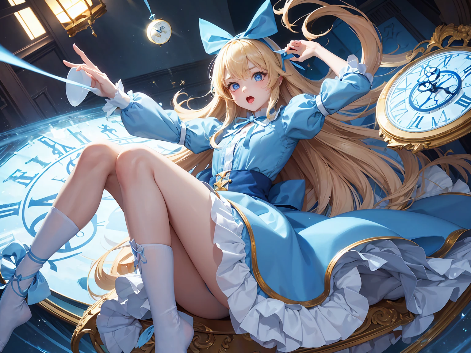 Alice, (Alice in Wonderland:1.1), cartoon illustration, 1cute girl with long-hair, (blonde-hair:1.2), floating long hair, open mouth, (light-blue round eyes:1.5), blue puffy sleeves, horizontal striped thigh-highs, blue apron, blue dress, (white and blue outfits:1.3), hair-ribbon, (big-blue-ribbon on head:1.4), teacup, cup, clock, antique watch, open book, saucer, in dark library, falling pose, her feet out of frame, 1arm out of frame, (dutch-angle:1.2), dynamic angle, cinematic lighting, glitter,