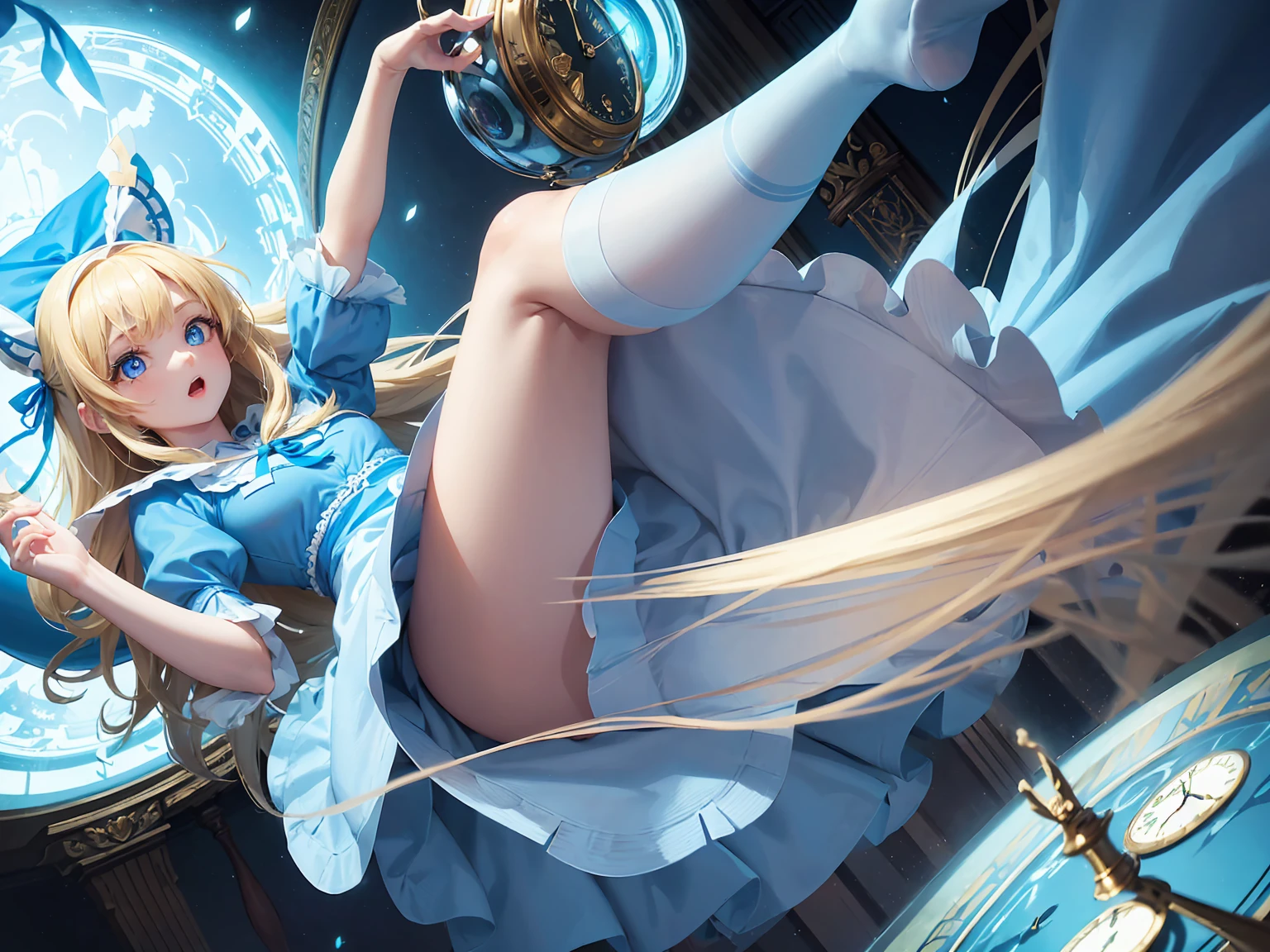 Alice, (Alice in Wonderland:1.1), cartoon illustration, 1cute girl with long-hair, (blonde-hair:1.2), floating long hair, open mouth, (light-blue round eyes:1.5), blue puffy sleeves, horizontal striped thigh-highs, blue apron, blue dress, (white and blue outfits:1.3), hair-ribbon, (big-blue-ribbon on head:1.4), teacup, cup, clock, antique watch, open book, saucer, in dark library, falling pose, her feet out of frame, 1arm out of frame, (dutch-angle:1.2), dynamic angle, cinematic lighting, glitter,