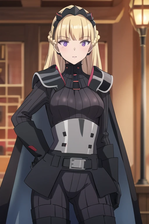 8k,highres,absurdres,masterpiece,best quality,original,extremely detailed CG,extremely detailed wallpaper,perfect lighting,1girl,solo,blurry_background,looking_at_viewer,
AmSW,long hair,blonde hair,black gloves,purple eyes,black hairband,cape,black bodysuit,medium breasts,braid,blunt bangs,