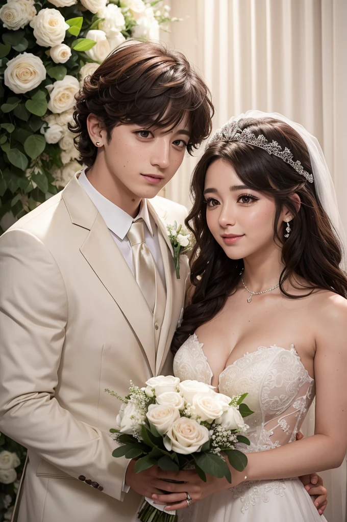 Crie uma imagem de um casamento, the groom is Jungkook from BTS and the bride is a girl with curly hair and write Beatriz on top of her